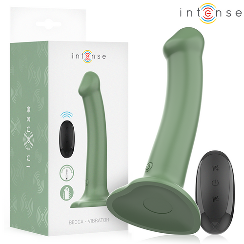 Boite Intense Becca vert kaki avec gode vibrant a ventouse et telecommande, schema de commande, packaging du gode flexible en silicone.