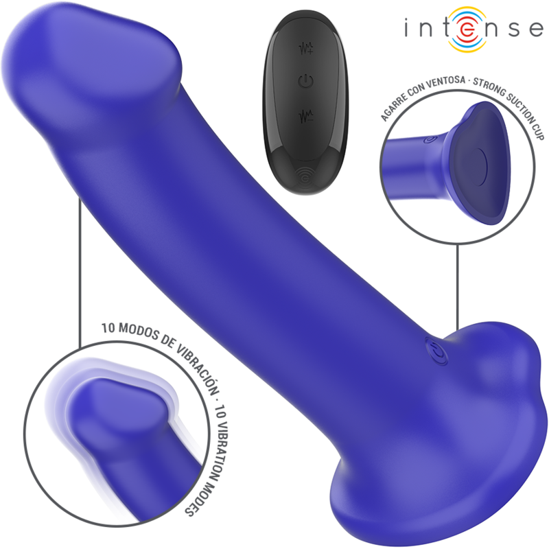Gode vibrant Victoria bleu nuit avec base testiculaire et ventouse, telecommande noire et detail 10 modes de vibration, silicone flexible compatible harnais.