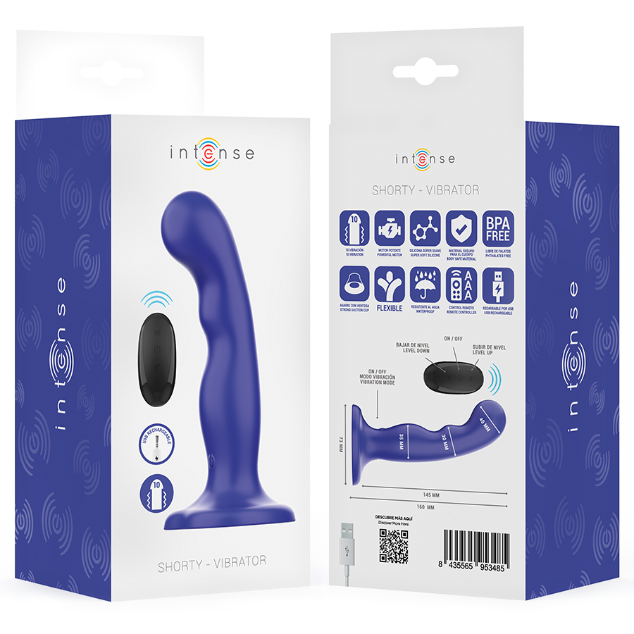 Boite Intense du vibromasseur Shorty a ventouse, packaging bleu detaillant les pictogrammes de fonctions et de telecommande en silicone body-safe