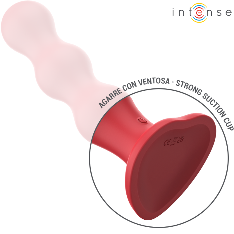 Plug anal Cody rouge en silicone a boules empilees, encart gros plan sur la base ventouse robuste permettant un usage mains libres anal