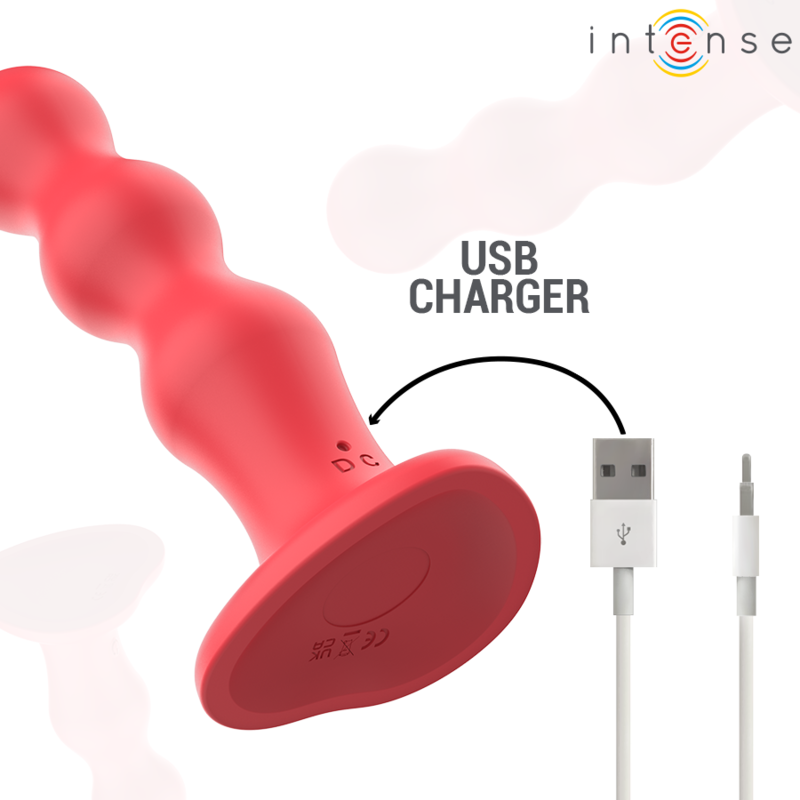 Plug anal Cody rouge en silicone a billes presente avec son cable de charge USB, plug a base ventouse rechargeable pour stimulation anale progressive