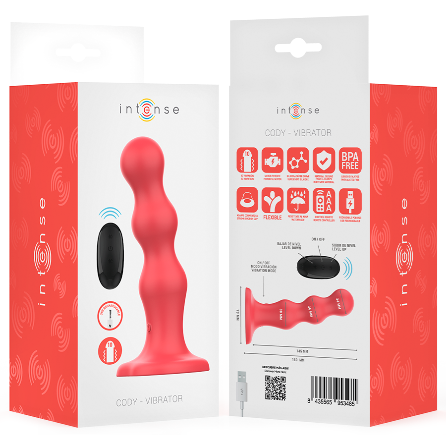 Boite Intense du plug anal Cody a billes, packaging rouge detaillant pictogrammes des fonctions et de la telecommande en silicone body-safe