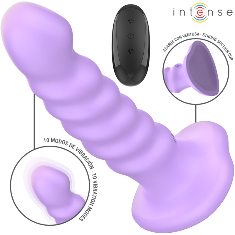Vibromasseur Intense lilas a relief nervure et ventouse, telecommande et encart 10 modes de vibration, forme fantaisie body-safe pour usage mains libres.