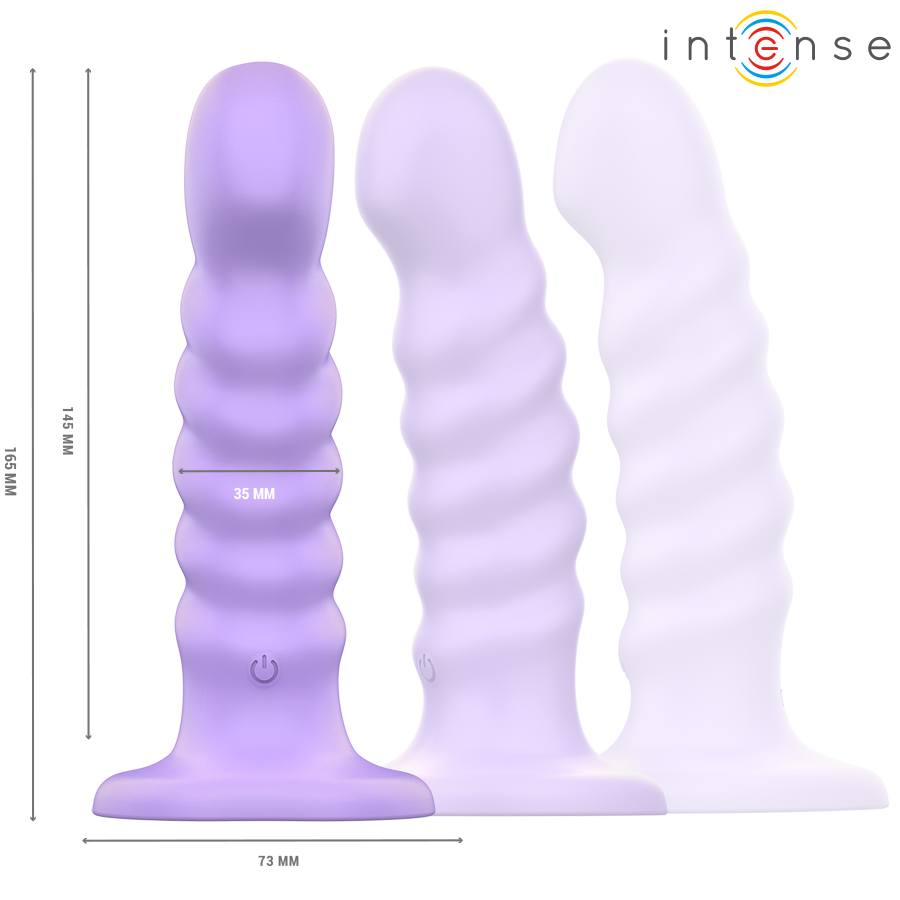 Trois vibromasseurs Intense en silicone lilas a anneaux nervures, cotes 13 mm et bouton lumineux, formes fantaisie body-safe pour stimulation interne.