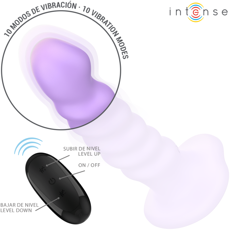 Vibromasseur Intense lilas nervure avec gros plan tete et telecommande, mentions 10 modes de vibration niveau up/down, silicone doux fantaisie.