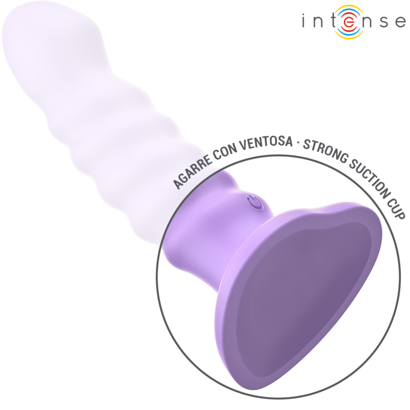 Gros plan de la ventouse puissante d'un vibromasseur Intense lilas nervure, mention strong suction cup pour un usage mains libres, silicone fantaisie.