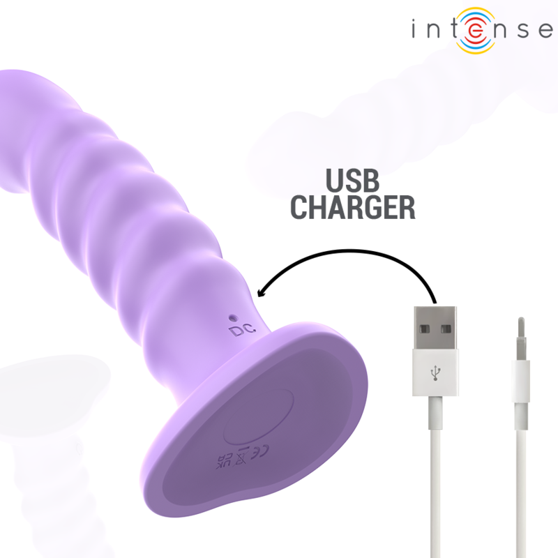 Vibromasseur Intense lilas nervure sur sa ventouse, cable USB illustre, encart USB charger, silicone doux rechargeable au design fantaisie non realiste.