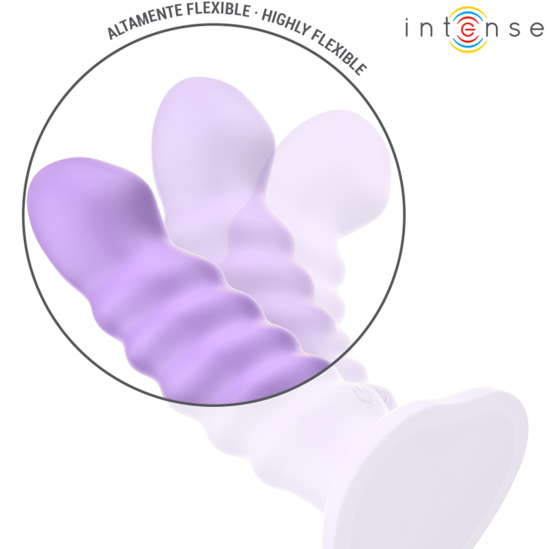 Vibromasseurs Intense lilas a relief nervure flechis pour montrer la souplesse, encart highly flexible, silicone fantaisie body-safe avec ventouse.