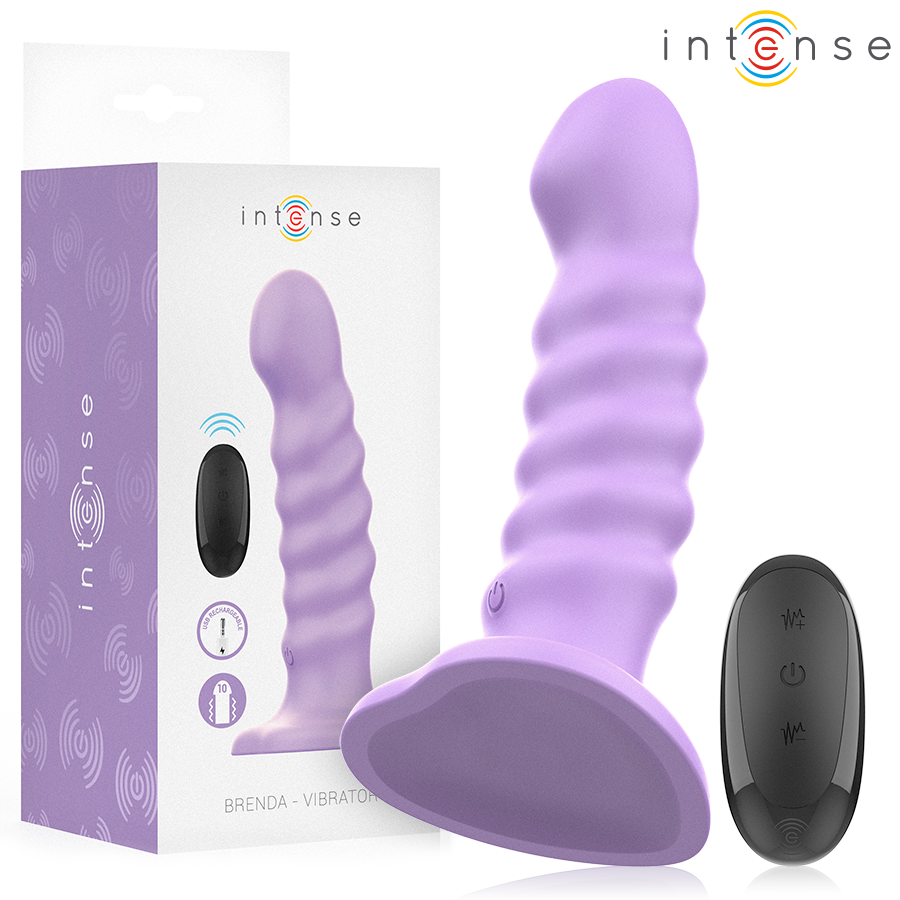 Boite Intense Brenda Vibrator, vibromasseur lilas a anneaux nervures et ventouse, telecommande incluse, pictos fonctions, silicone fantaisie body-safe.