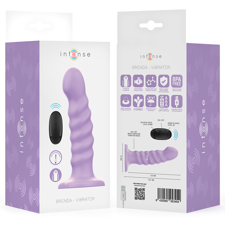 Deux boites Intense Brenda Vibrator, vibromasseur lilas nervure et telecommande, faces avant et arriere avec pictos fonctions, silicone fantaisie.