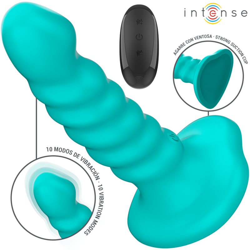 Vibromasseur Intense turquoise a relief nervure et ventouse, telecommande et encarts 10 modes de vibration, design fantaisie pour stimulation interne.