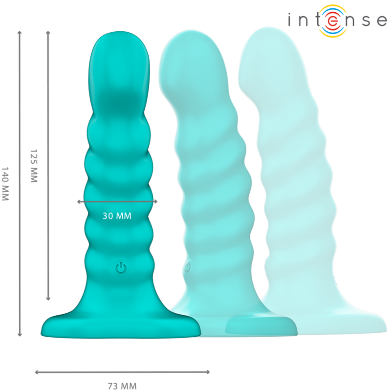 Trois vibromasseurs Intense en silicone turquoise a anneaux nervures, cotes 73 mm et 145 mm, bouton lumineux, formes fantaisie pour stimulation interne.