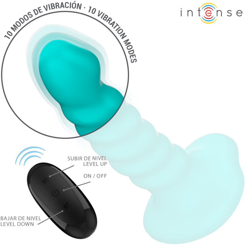 Vibromasseur Intense turquoise nervure avec gros plan tete et telecommande sans fil, mentions 10 modes de vibration et niveau up/down, silicone doux.