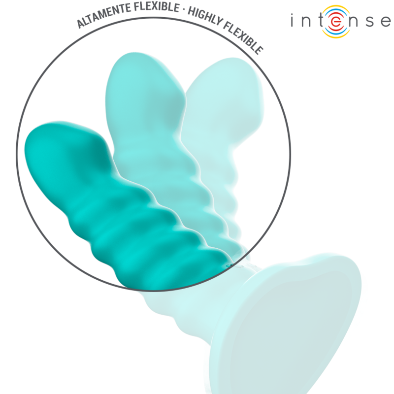 Vibromasseurs Intense turquoise a relief nervure flechis pour montrer la souplesse, encart altamente flexible, silicone fantaisie body-safe et ventouse.