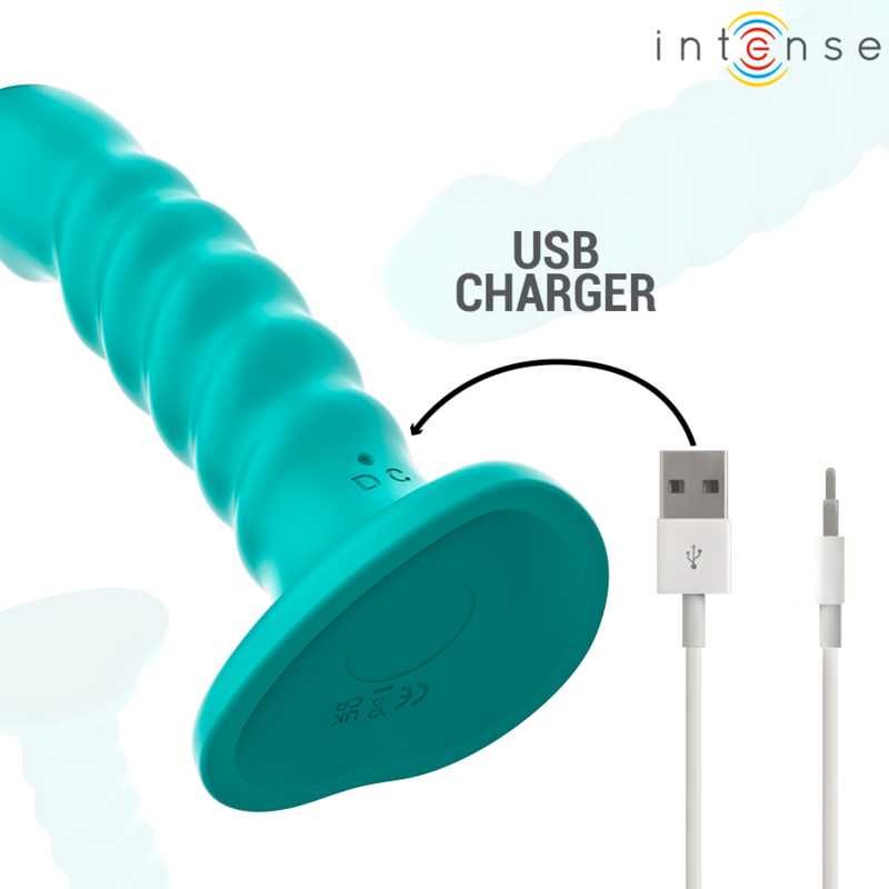 Vibromasseur Intense turquoise nervure pose sur sa ventouse, cable de charge USB illustre, encart USB charger, silicone doux rechargeable fantaisie.