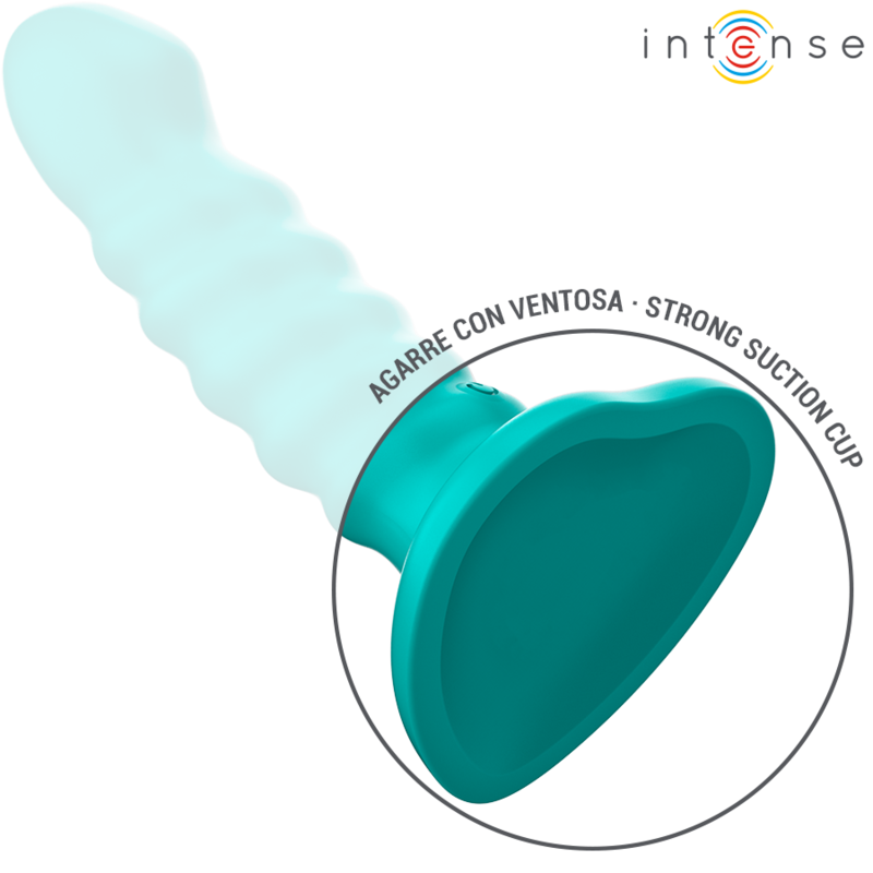 Gros plan de la ventouse puissante d'un vibromasseur Intense turquoise nervure, mention strong suction cup pour usage mains libres, silicone fantaisie.