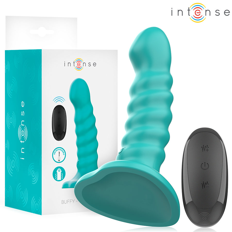 Vibromasseur Intense Buffy en silicone turquoise a relief nervure et ventouse, presente avec sa telecommande sans fil et sa boite produit, 10 modes.
