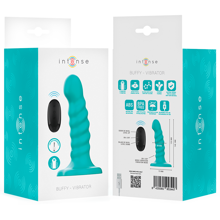 Boite produit Intense Buffy Vibrator, vibromasseur turquoise nervure avec telecommande, pictos fonctions et silicone body-safe, design fantaisie.