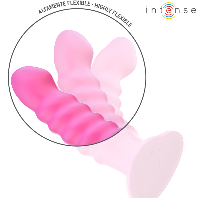 Vibromasseurs Intense rose a relief nervure flechis pour montrer la souplesse, encart highly flexible, silicone fantaisie body-safe avec ventouse.