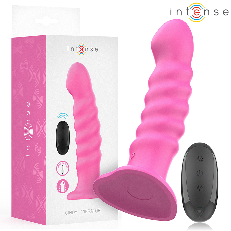 Boite Intense Cindy Vibrator, vibromasseur rose vif a anneaux nervures et ventouse, telecommande incluse, pictos fonctions, silicone fantaisie body-safe.
