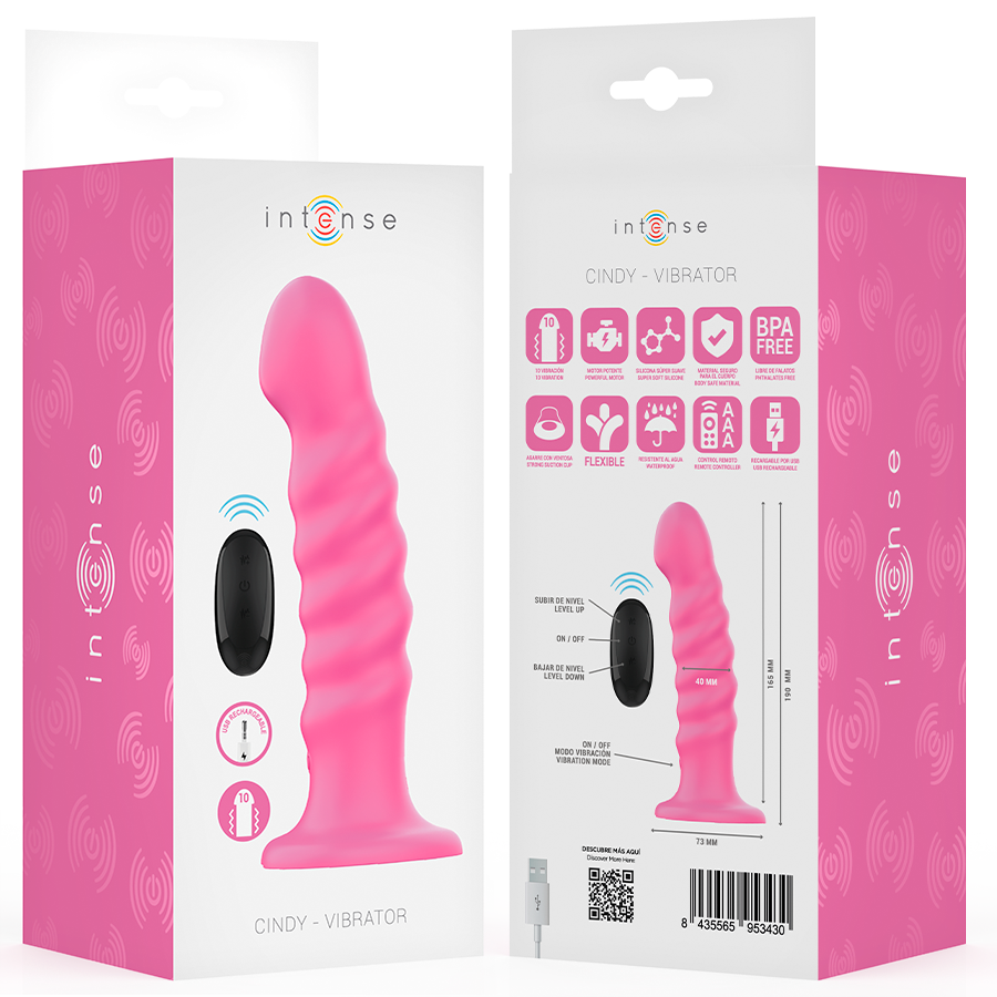 Deux boites Intense Cindy Vibrator, vibromasseur rose nervure et telecommande, faces avant et arriere avec pictos fonctions, silicone fantaisie.