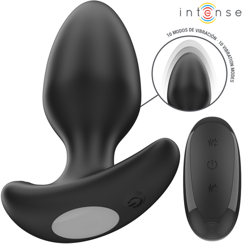 Plug anal vibrant Joey noir en silicone a base ergonomique, telecommande noire et encart soulignant les 10 modes de vibration pour stimulation anale