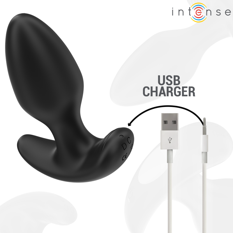Plug anal vibrant Joey noir en silicone presente avec son cable de charge USB, plug rechargeable a base evasee pour stimulation anale telecommandee