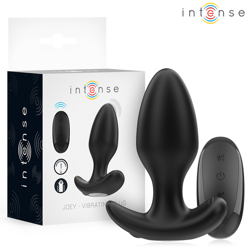 Boite Intense Joey et plug anal vibrant noir en silicone, telecommande incluse, plug a base evasee de securite pour stimulation anale a 10 modes
