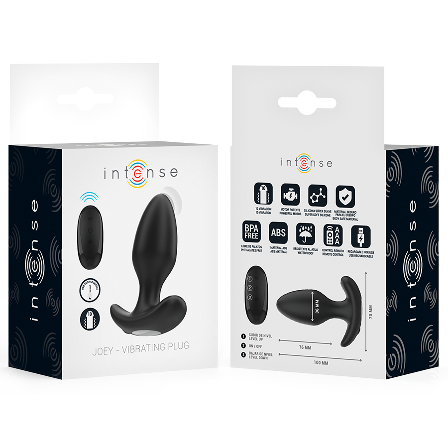 Boite Intense du plug anal vibrant Joey, packaging noir detaillant les pictogrammes des fonctions et de la telecommande en silicone body-safe