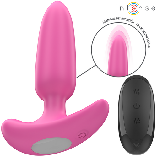 Plug anal vibrant Intense rose lisse avec sa télécommande ronde, base évasée stable. Silicone body-safe à 10 modes de vibration pour la stimulation anale.