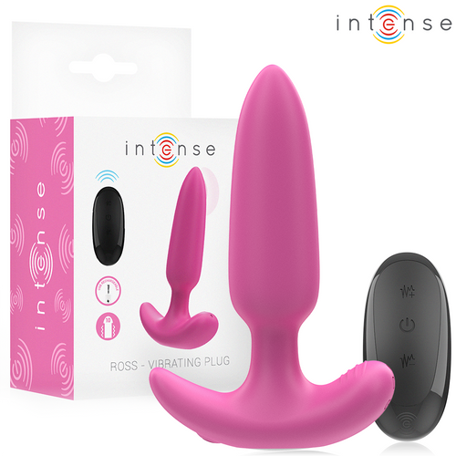 Plug anal vibrant Ross Intense rose présenté avec sa boite et sa télécommande ronde, base évasée de sécurité. Silicone doux à 10 modes de vibration pilotés à distance.
