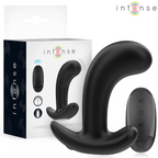 Plug anal vibrant Chandler Intense noir en silicone, forme ergonomique courbee a base evasee et telecommande noire, presente avec sa boite sombre