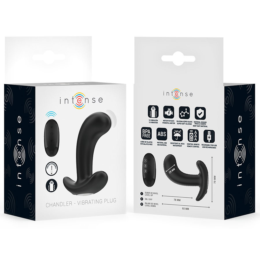 Emballage recto verso du plug anal vibrant Chandler Intense, boite noire detaillant pictogrammes et telecommande du plug en silicone a base evasee