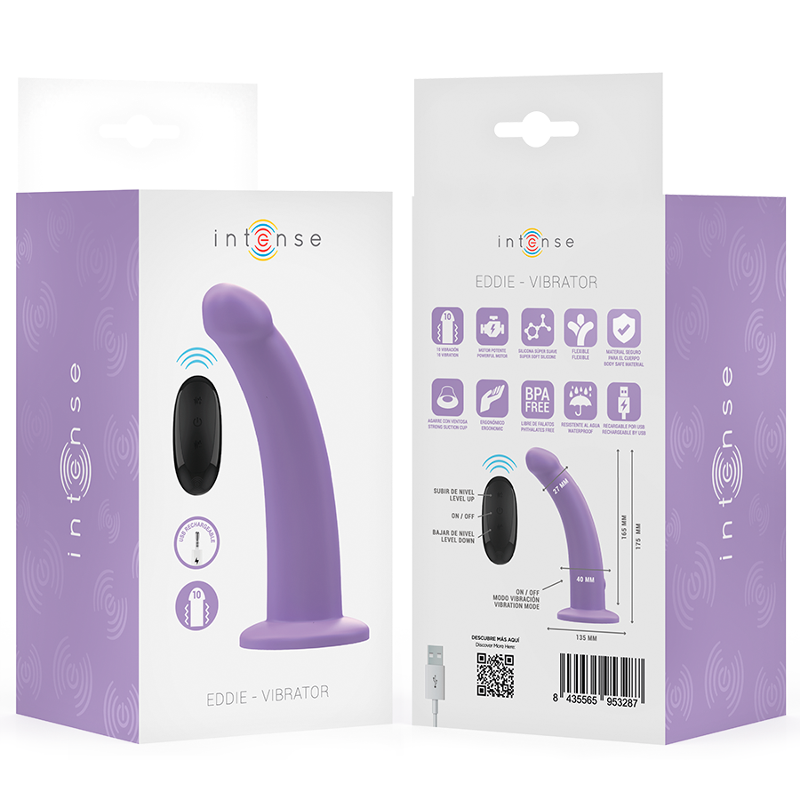 Vibromasseur Eddie Intense lilas presente avec sa boite, gode lisse a ventouse et telecommande, emballage recto verso detaillant les pictogrammes silicone