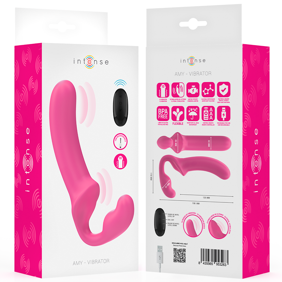 Emballage recto verso du double vibromasseur Amy Intense, boite rose detaillant pictogrammes et notice du strapless en silicone avec telecommande