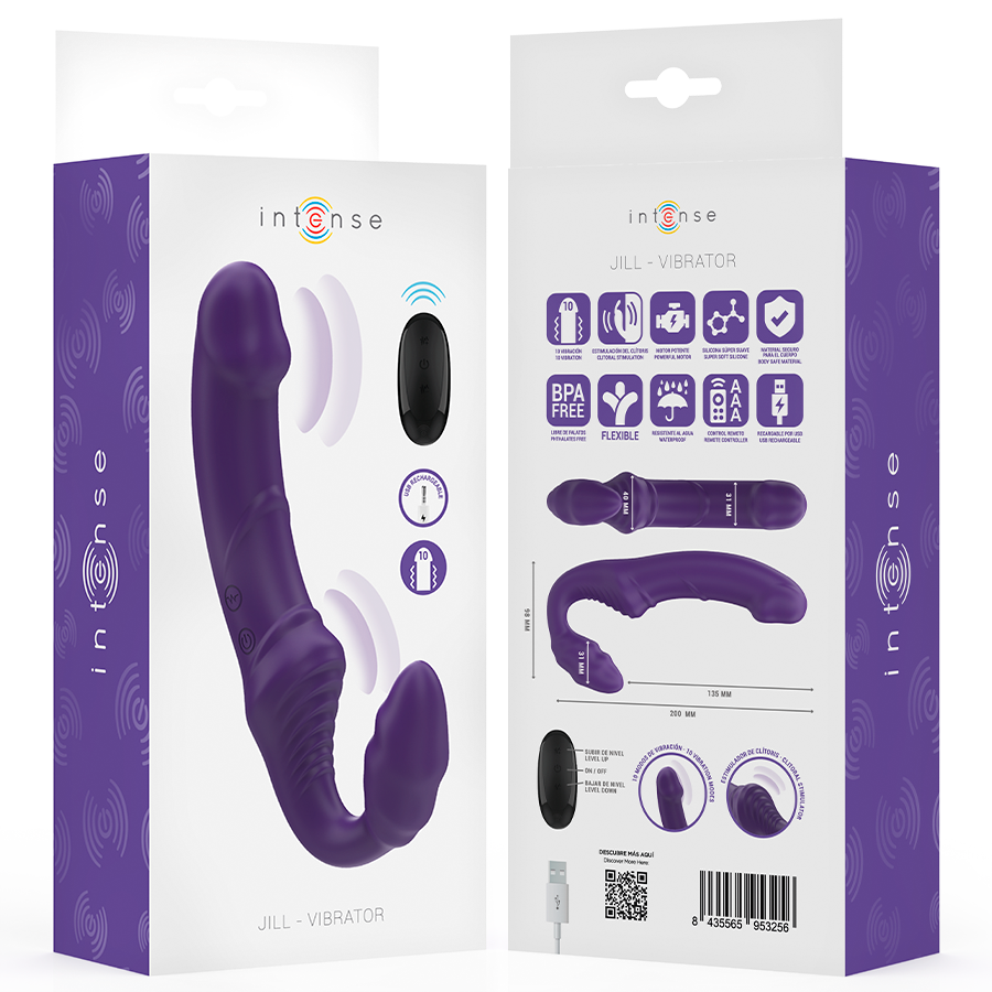 Emballage recto verso du double vibromasseur Jill Intense, boite violette detaillant pictogrammes et notice du strapless en silicone avec telecommande