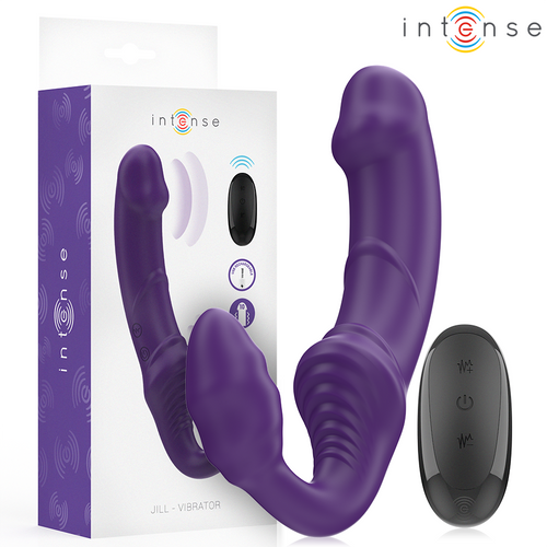 Double vibromasseur Jill Intense violet sans harnais en silicone, forme strapless courbee et telecommande noire, presente avec sa boite pour jeu a deux