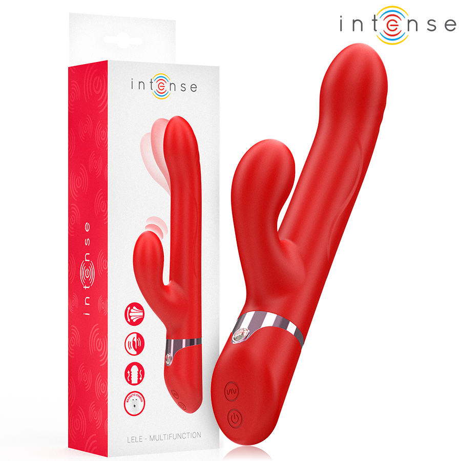 Vibromasseur rabbit Lele Intense rouge en silicone, tige interne rotative pour le point G et bras clitoridien oscillant, double stimulation et reglages