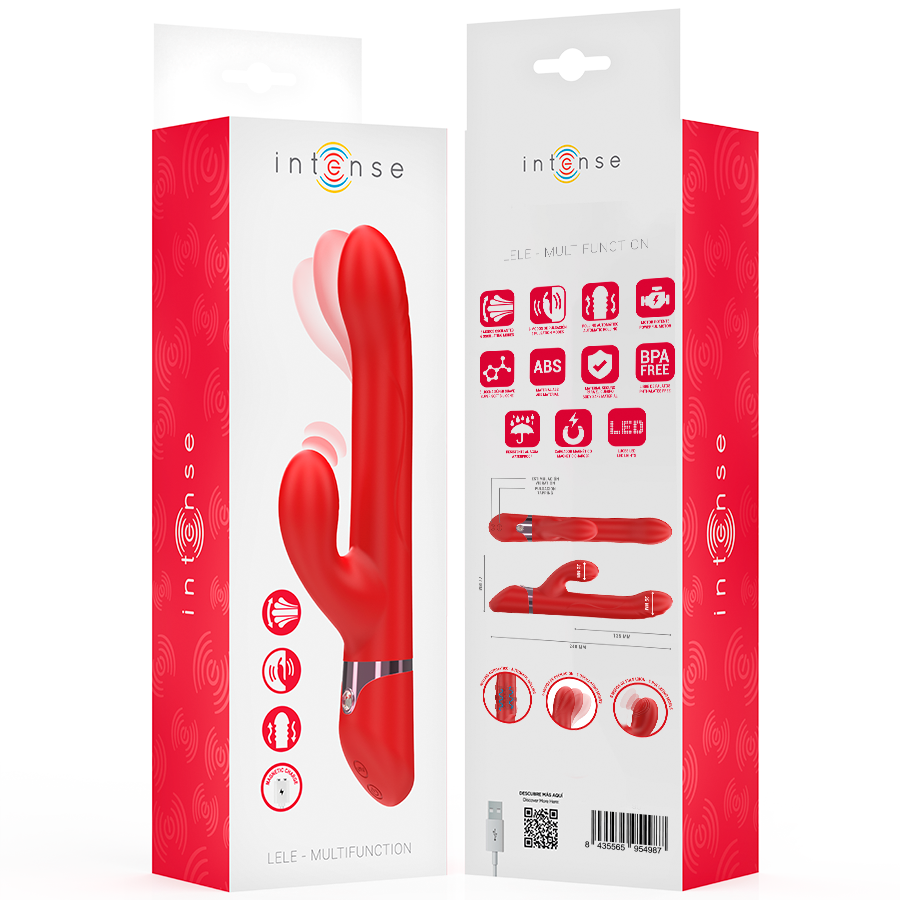 Emballage recto verso du vibromasseur rabbit Lele Intense, boite rouge detaillant pictogrammes, rotation point G et oscillation clitoridienne en silicone