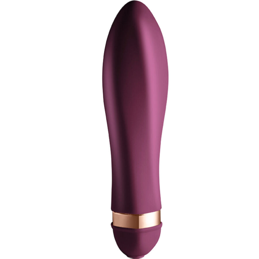 Vibromasseur clitoridien Twisted Ardor en silicone prune, vue de face sur les contours torsades et la base doree, design lisse non anatomique etanche IPX7.