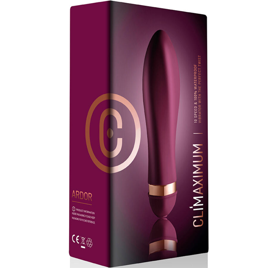 Boite du vibromasseur clitoridien Twisted Ardor Climaximum, packaging prune montrant le jouet torsade et les mentions 10 vitesses et etancheite waterproof.