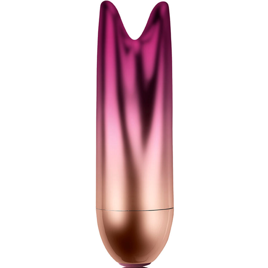 Mini vibromasseur double bullet Ava en silicone degrade prune et dore, vue de face sur les deux pointes de stimulation precises et le corps lisse etanche.