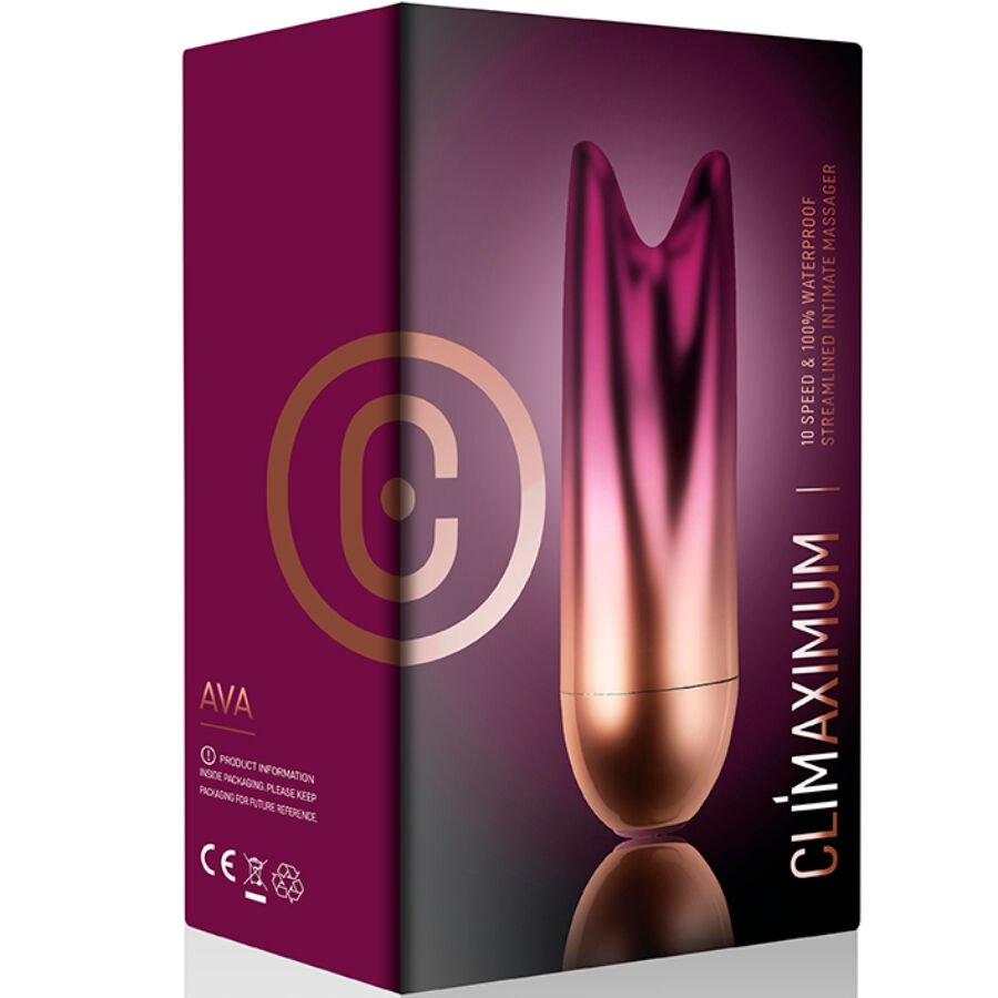 Boite du mini vibromasseur double bullet Ava Climaximum, packaging prune montrant le jouet degrade et les mentions 10 vitesses waterproof discret.