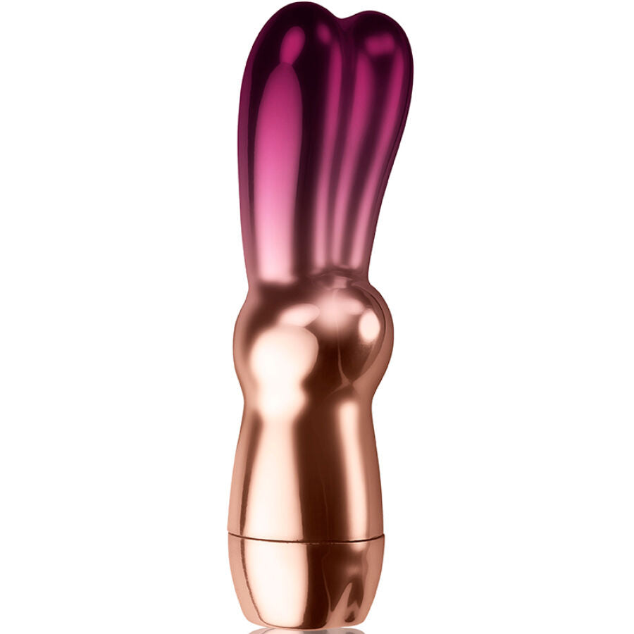 Mini vibromasseur clitoridien lapin Bella en silicone rose dore, vue de face sur les deux oreilles stimulantes et le corps galbe ergonomique etanche IPX7.