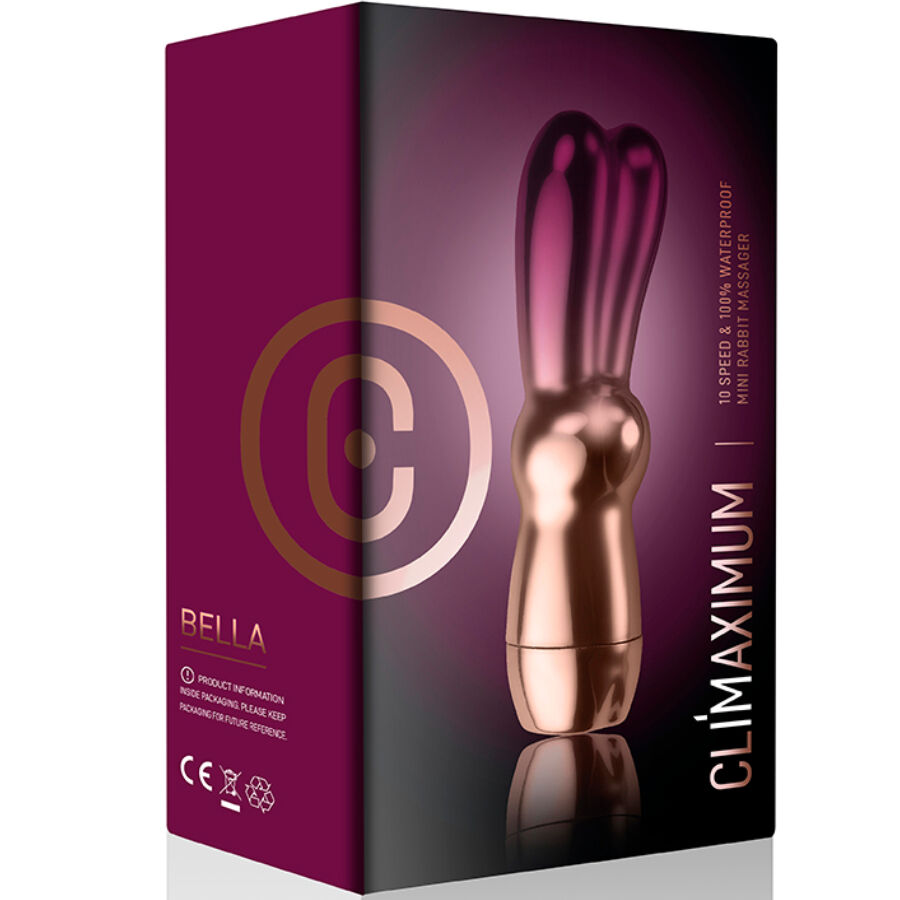 Boite du mini vibromasseur lapin Bella Climaximum, packaging prune presentant le jouet rose dore et les mentions 10 vitesses massager waterproof.