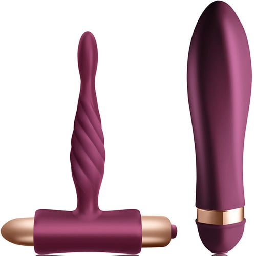 Coffret Dare avec plug anal torsade a base en T et vibromasseur classique prune, vue produit sur les deux jouets en silicone doux a 10 vibrations etanches.