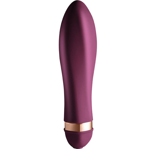 Vibromasseur classique du coffret Desire en silicone prune, vue de face sur la pointe conique lisse et la bague doree, 10 niveaux de vibration etanche.