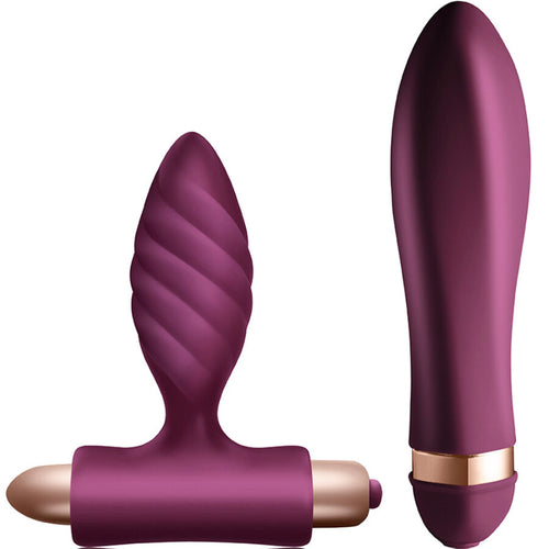Vibromasseur torsade du coffret Desire en silicone prune, vue de face sur l'embout spirale et le corps cannele, jouet fantaisie a 10 vibrations etanche.