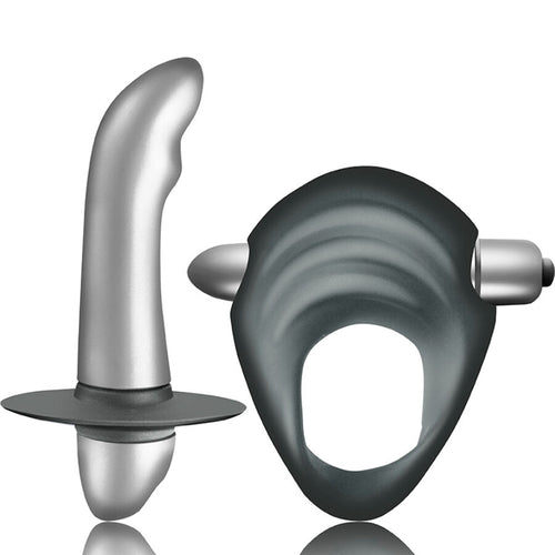 Coffret couple Entice avec stimulateur de prostate argente courbe et anneau penien texture anthracite, vue produit des deux jouets debutants a 10 vitesses.