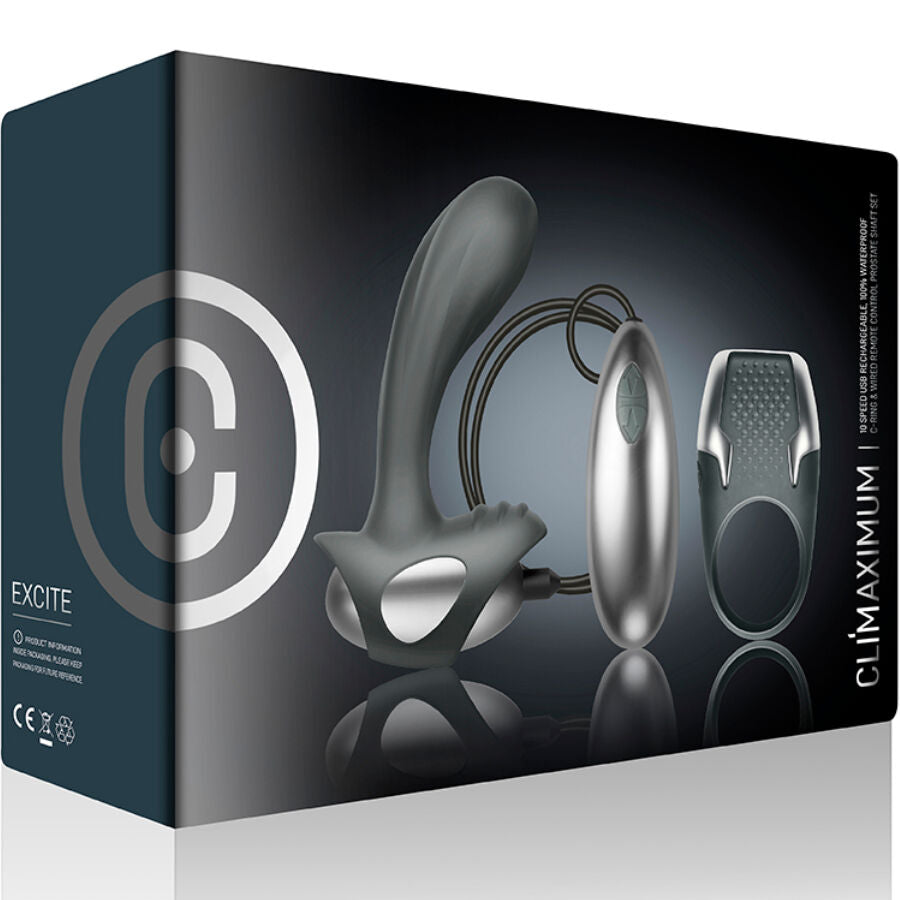 Boite du coffret couple Excite Climaximum, packaging anthracite presentant le masseur prostate, la telecommande et l'anneau, mentions 10 vitesses waterproof.
